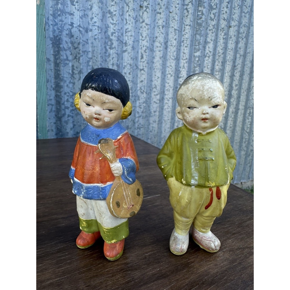 Vtg Japanese Bisque Penny Dolls Frozen Charlotte Figurine Pair Asian Boy Girl